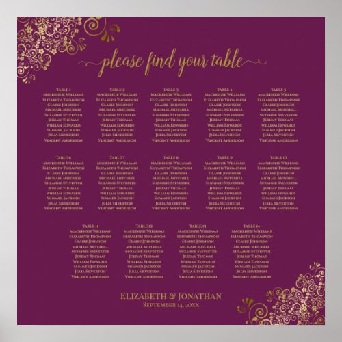 14 Table Cassis Purple Wedding Seating Chart Gold
