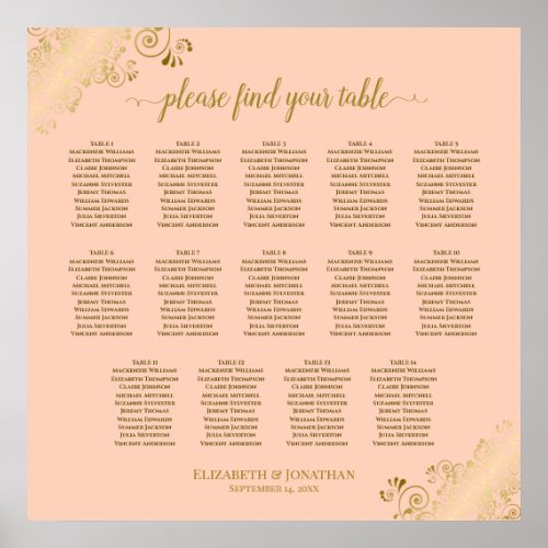 14 Table Coral Peach  Gold Wedding Seating Chart