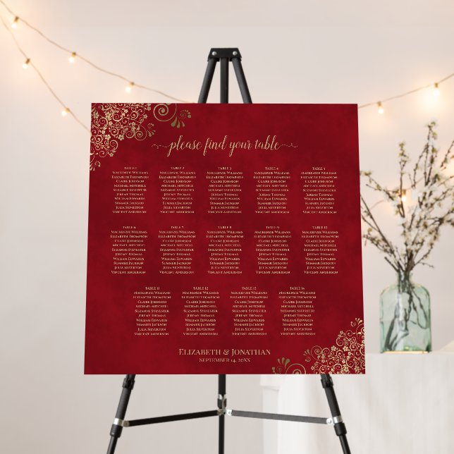 14 Table Crimson Red & Gold Wedding Seating Chart Foam Board (In Situ (Stand))