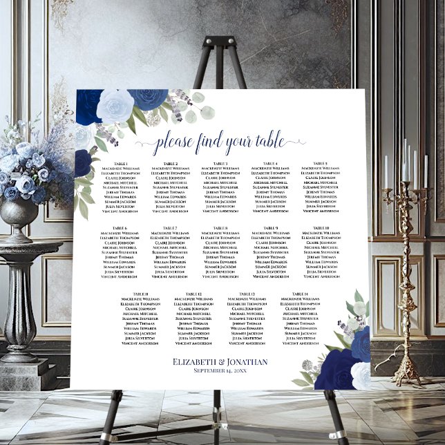 14 Table Elegant Blue Roses Wedding Seating Chart Foam Board (On Stand)