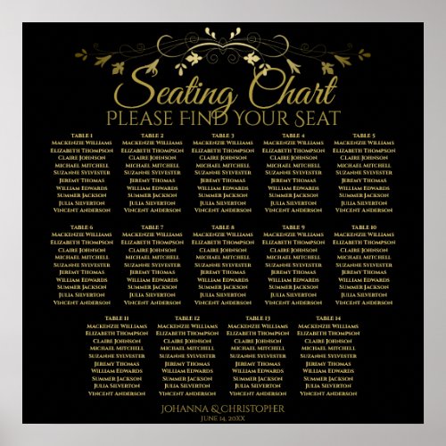 14 Table Elegant Gold Black Wedding Seating Chart