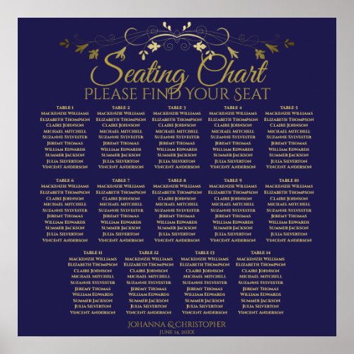 14 Table Elegant Gold  Navy Wedding Seating Chart