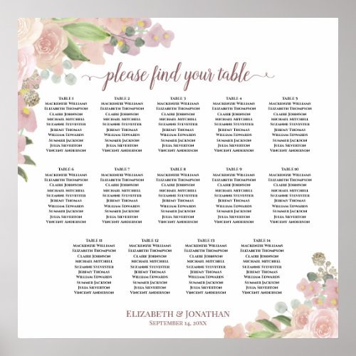 14 Table Elegant Pink Floral Wedding Seating Chart
