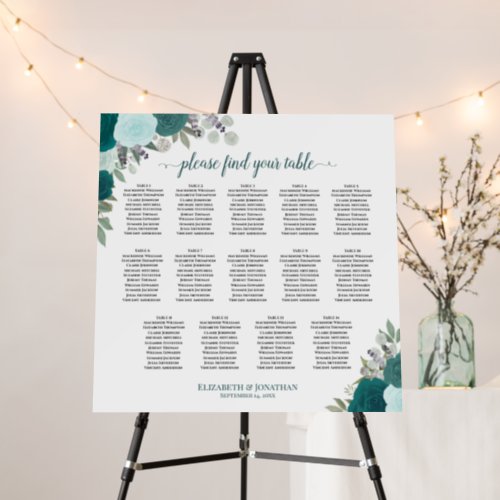 14 Table Elegant Teal Roses Wedding Seating Chart Foam Board