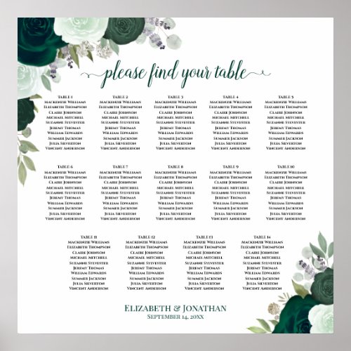14 Table Emerald Boho Floral Wedding Seating Chart