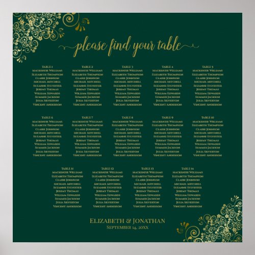 14 Table Emerald Green Wedding Seating Chart Gold