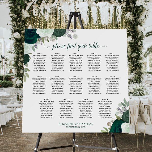 14 Table Emerald Roses Boho Wedding Seating Chart Foam Board (In Situ on Stand at Reception)