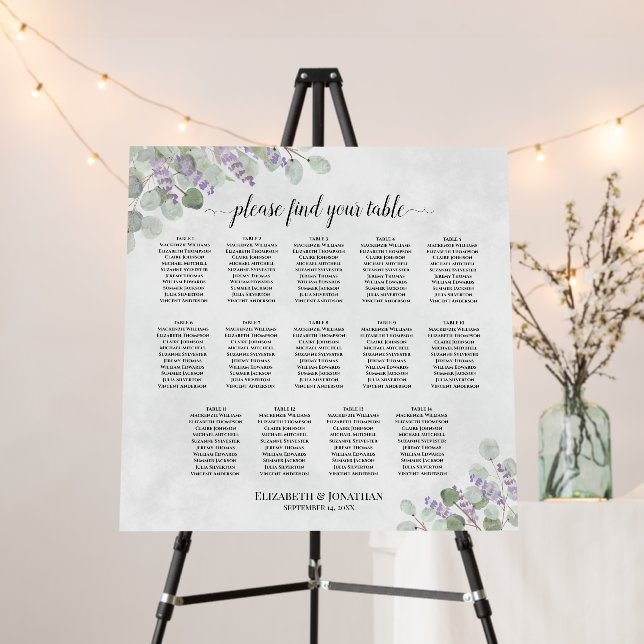 14 Table Eucalyptus Lavender Wedding Seating Chart Foam Board (In Situ (Stand))