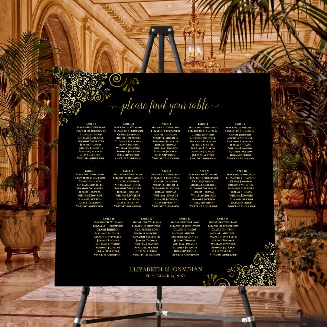 14 Table Frilly Black & Gold Wedding Seating Chart Foam Board (In Situ on Stand at Venue)