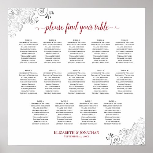 14 Table Frilly Wedding Seating Chart White  Red