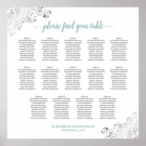 14 Table Frilly Wedding Seating Chart White  Teal