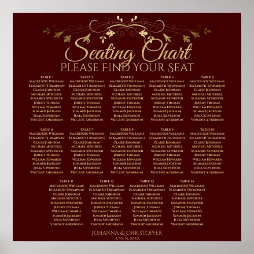 14 Table Gold  Auburn Brown Wedding Seating Chart