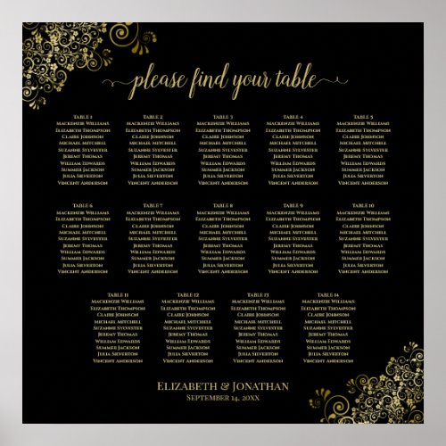 14 Table Gold Frills Wedding Seating Chart Black