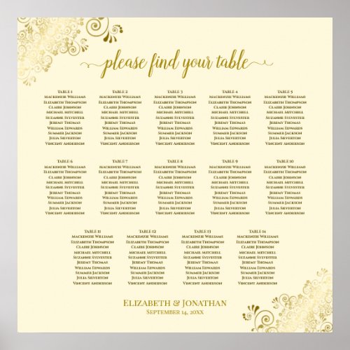 14 Table Gold Frills Wedding Seating Chart Cream