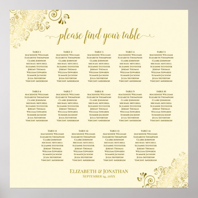 14 Table Gold Frills Wedding Seating Chart Cream (Front)