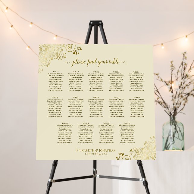 14 Table Gold Lace on Cream Wedding Seating Chart Foam Board (In Situ (Stand))