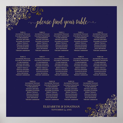 14 Table Lacy Gold Wedding Seating Chart Navy Blue