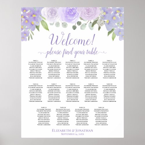 14 Table Lavender Floral Wedding Seating Chart