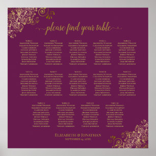 14 Table Magenta Plum Wedding Seating Chart Gold