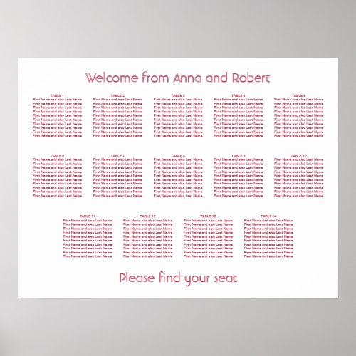 14 Table Minimalist Magenta Red Seating Chart