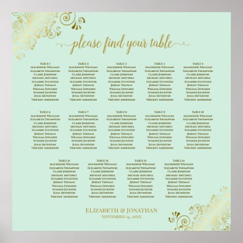 14 Table Mint Green  Gold Wedding Seating Chart