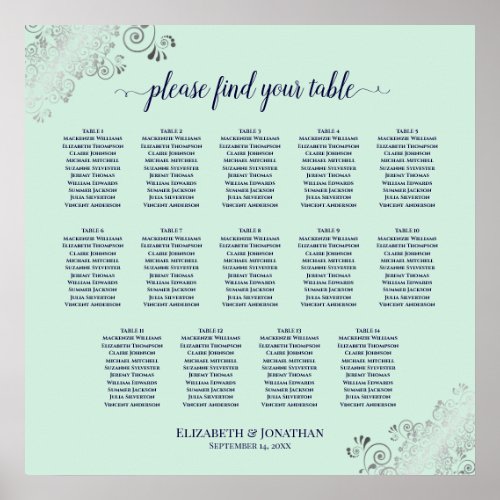 14 Table Mint Green  Navy Wedding Seating Chart