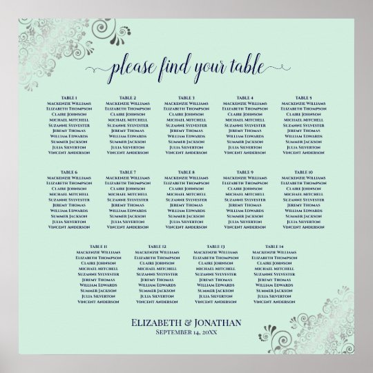 14 Table Mint Green & Navy Wedding Seating Chart