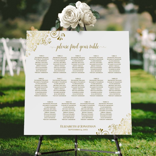 14 Table Ornate Gold & White Wedding Seating Chart Foam Board (In Situ on Stand with Flowers)