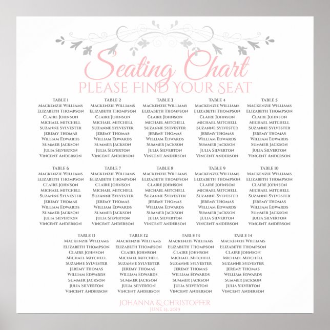 14 Table Pink & Gray Wedding Seating Chart (Front)