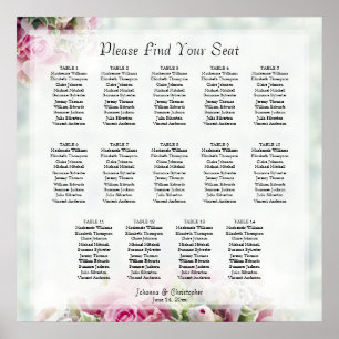 14 Table Pink Roses Wedding Seating Chart