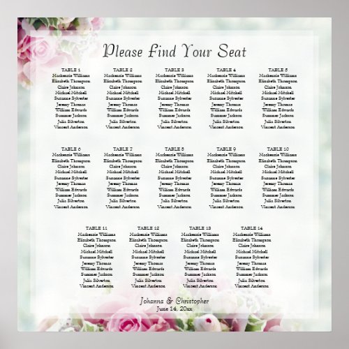 14 Table Pink Roses Wedding Seating Chart
