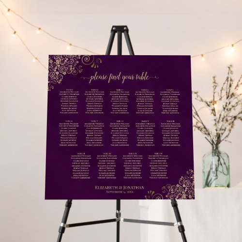 14 Table Plum Purple & Gold Wedding Seating Chart Foam Board