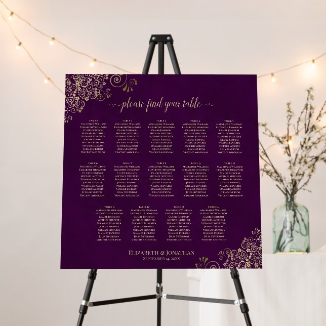 14 Table Plum Purple & Gold Wedding Seating Chart Foam Board (In Situ (Stand))