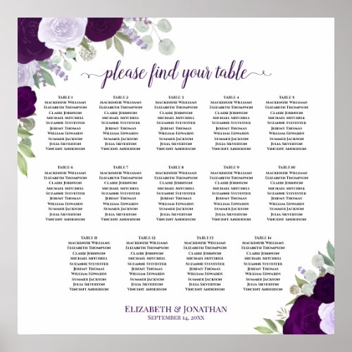 14 Table Purple Boho Floral Wedding Seating Chart