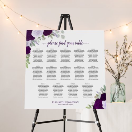 14 Table Purple Roses Chic Wedding Seating Chart Foam Board