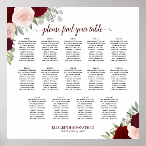 14 Table Red and Pink Floral Wedding Seating Chart