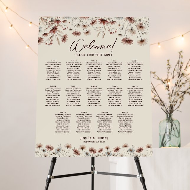 14 Table Rustic Boho Wildflowers Seating Chart Foam Board (In Situ (Stand))