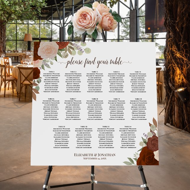 14 Table Rustic Fall Floral Wedding Seating Chart Foam Board (In Situ on Stand at Reception)