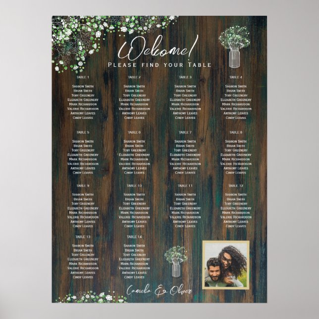 14 Table Rustic Wood Gypsophila SEATING CHART Foam (Front)