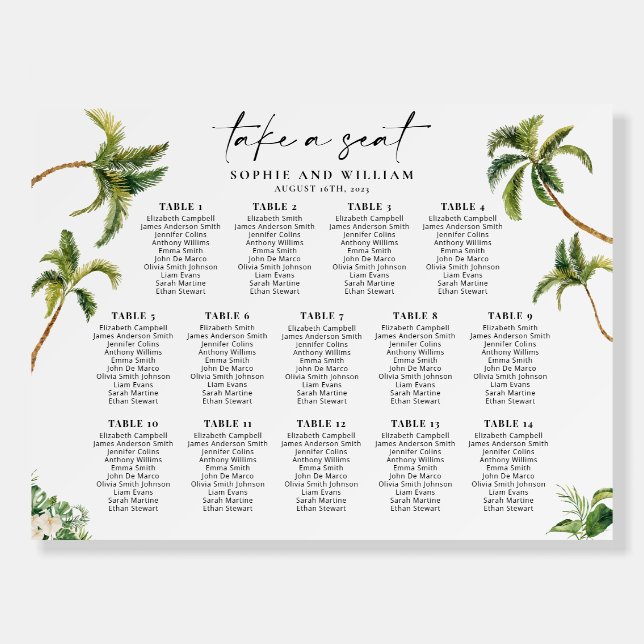 14 Table Seating Chart, Tropical Seating Chart Foam Board (Front)