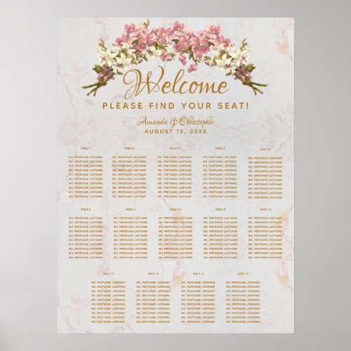 14 Table Seating Chart Wedding Marble Pink Orchids