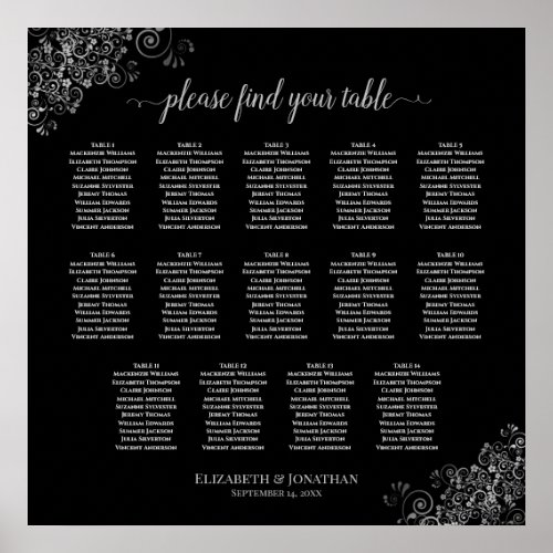 14 Table Silver Frills Black Wedding Seating Chart