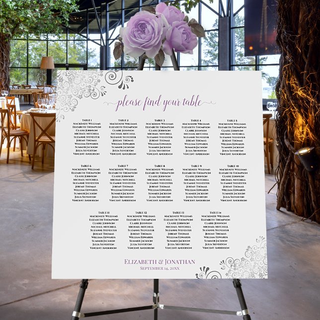 14 Table Silver Lace Lavender White Seating Chart  Foam Board (In Situ on Stand at Reception)