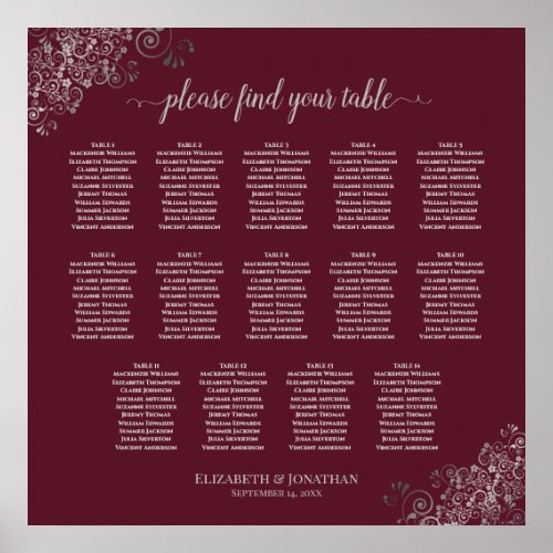 14 Table Silver on Burgundy Wedding Seating Chart