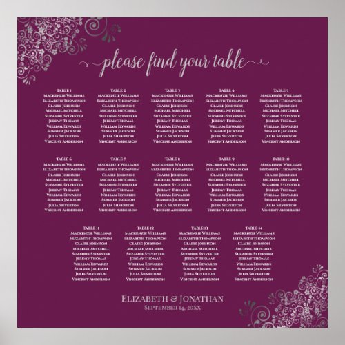 14 Table Silver on Cassis Wedding Seating Chart