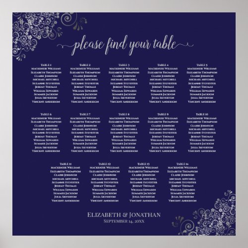 14 Table Silver on Navy Blue Wedding Seating Chart