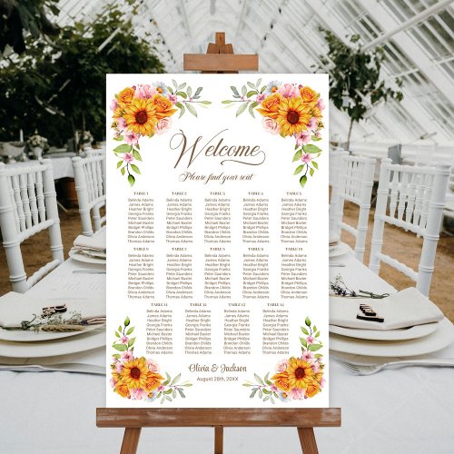 14 Table Sunflower Rose Wedding Seating Chart