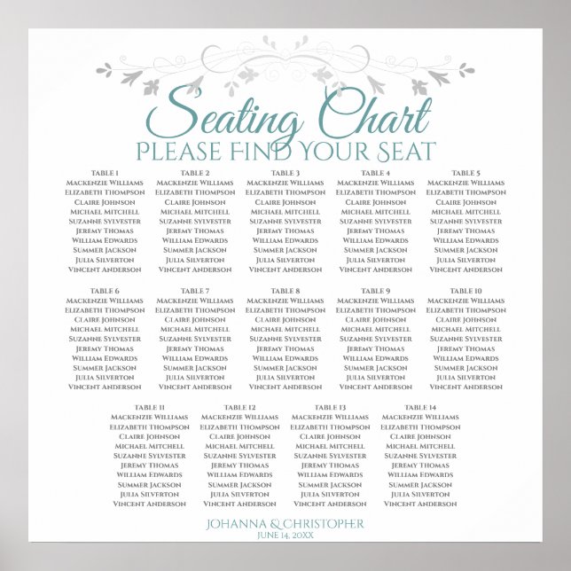14 Table Teal & Gray Wedding Seating Chart (Front)