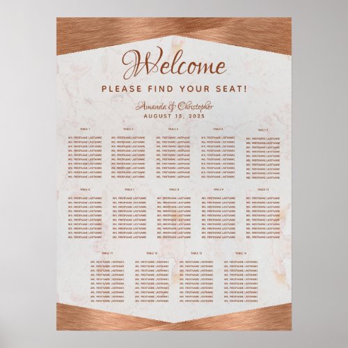 14 Table Wedding Seating Chart Copper Marble Metal