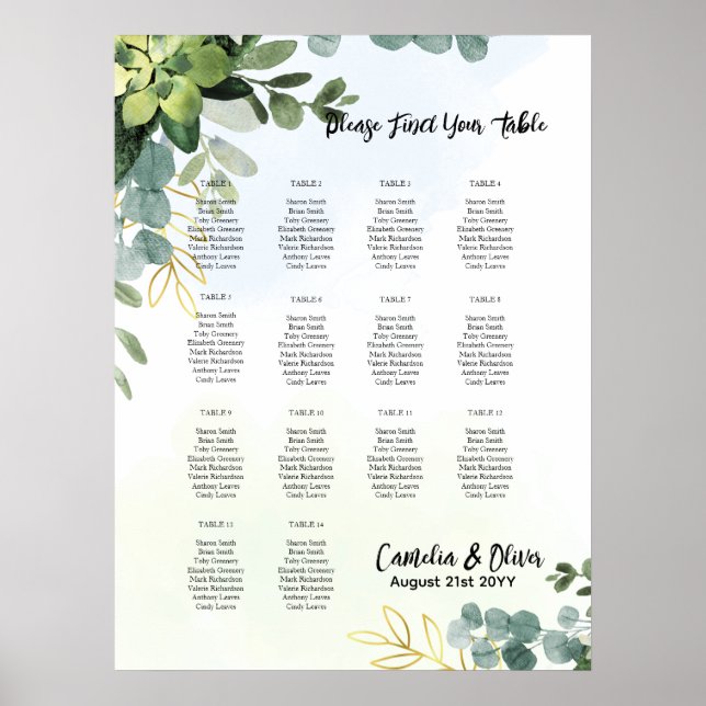 14 Table Wedding Seating Chart Greenery Eucalyptus (Front)